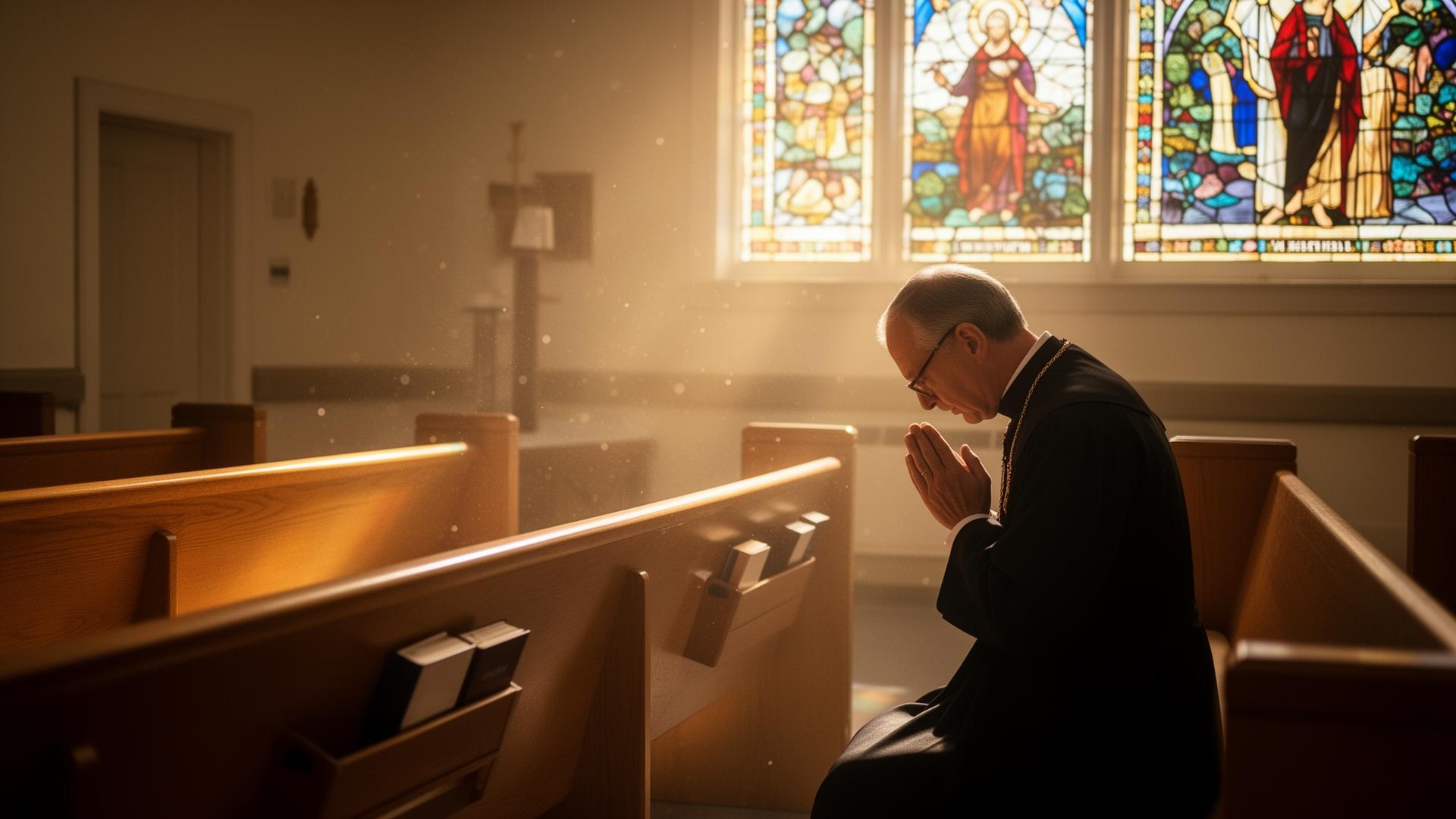 Chaplain praying quietly in a sunlit hospital chapel