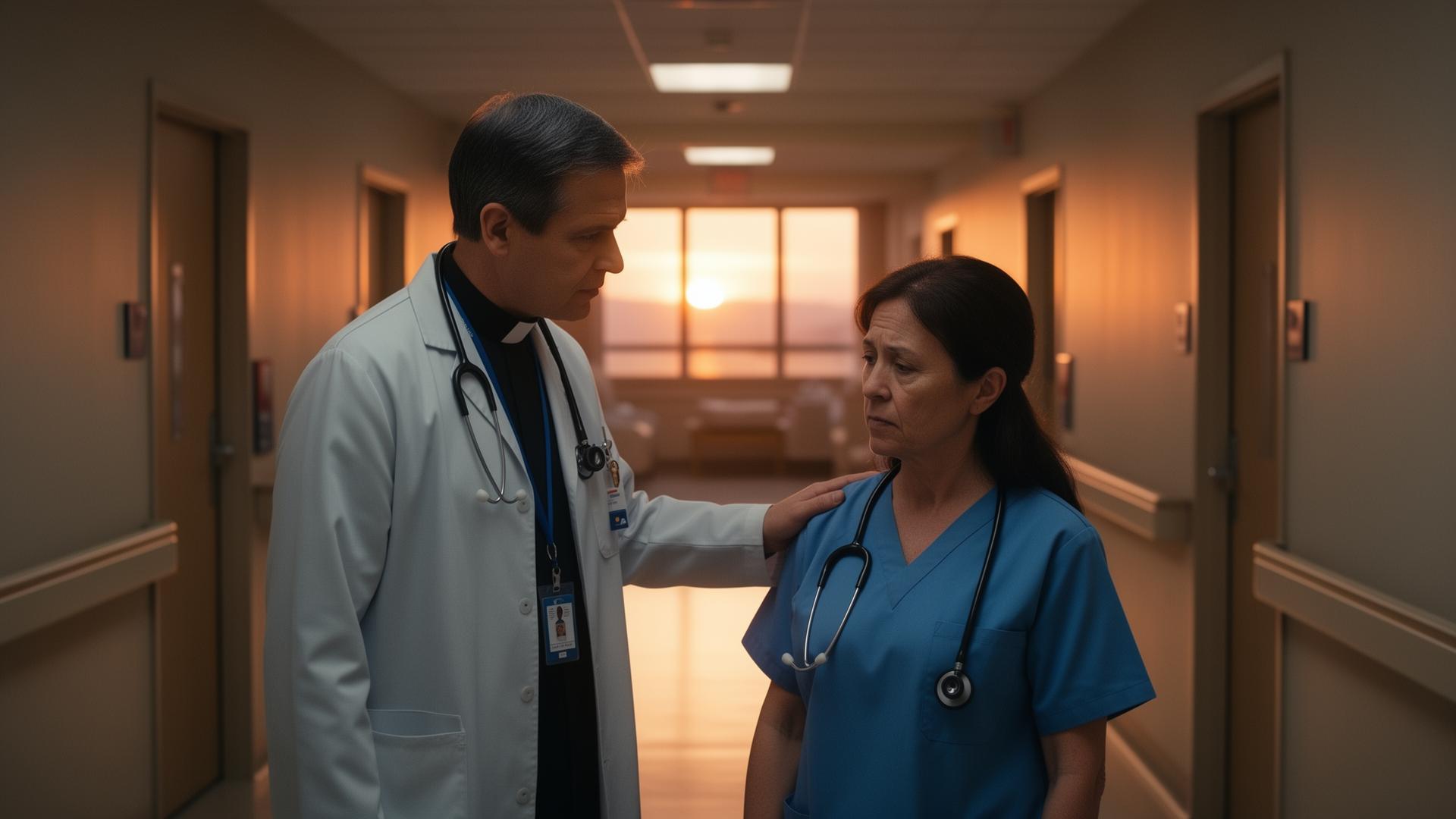 Chaplain comforting a weary nurse in a hospital corridor at dawn